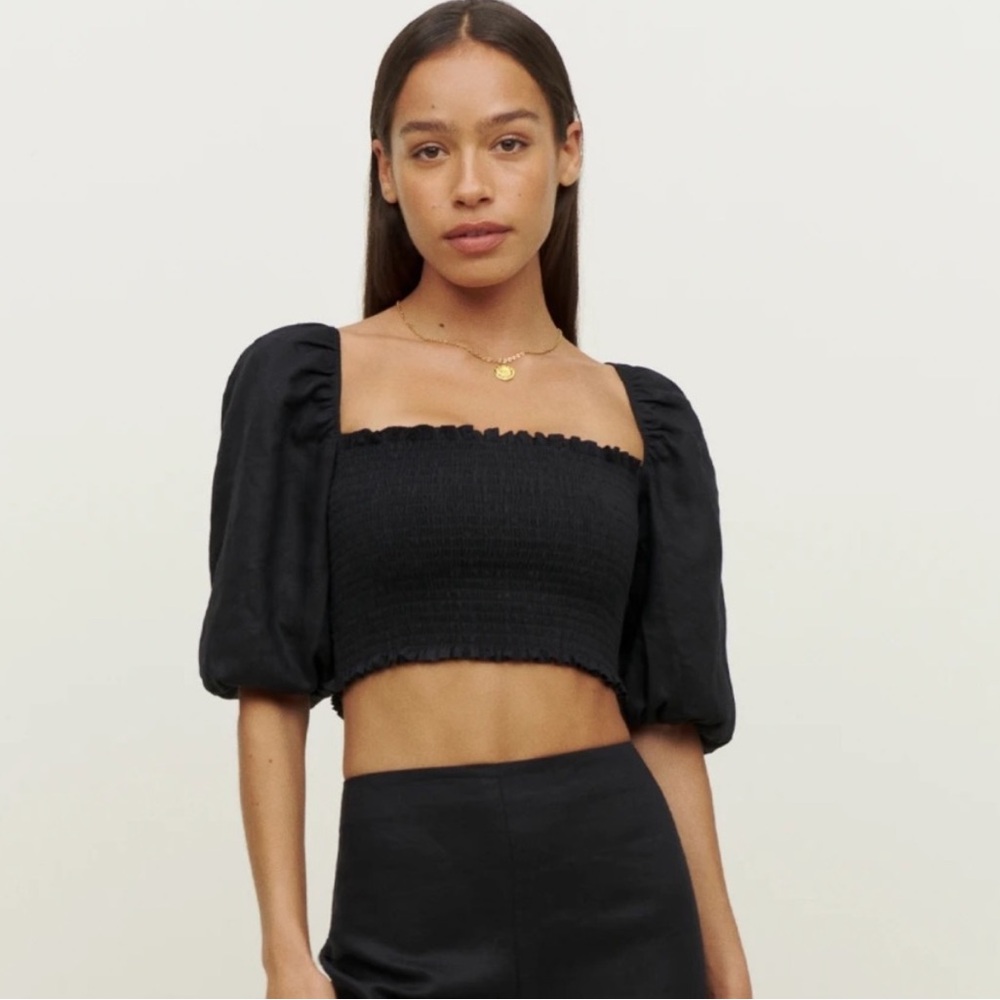 Reformation Linen Elegant Black Puff Sleeve Crop Top
